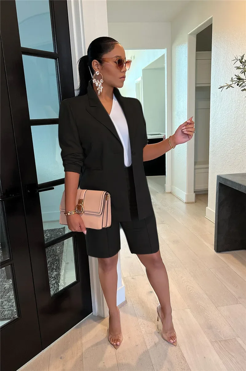 Solid Casual Two Piece Set for Women Matching Sets Outfits Long Sleeve Blazer Coat and Shorts Office Lady Elegant Business Suits