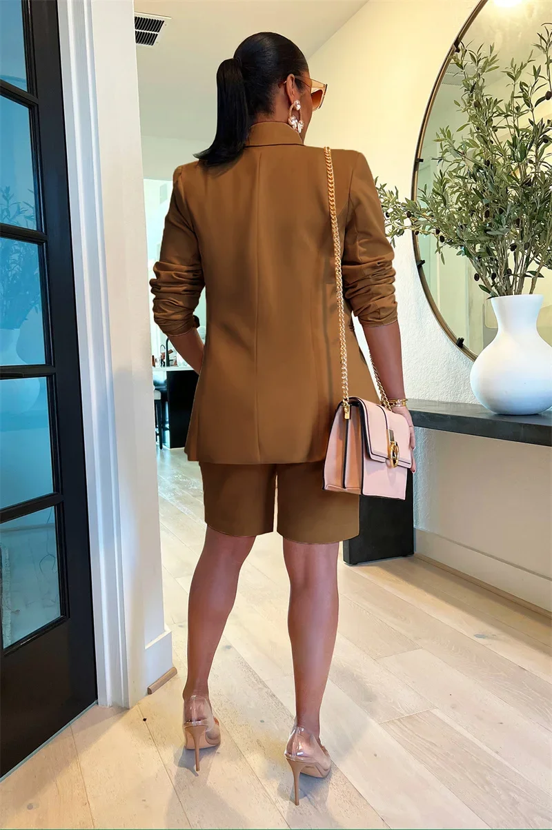 Solid Casual Two Piece Set for Women Matching Sets Outfits Long Sleeve Blazer Coat and Shorts Office Lady Elegant Business Suits