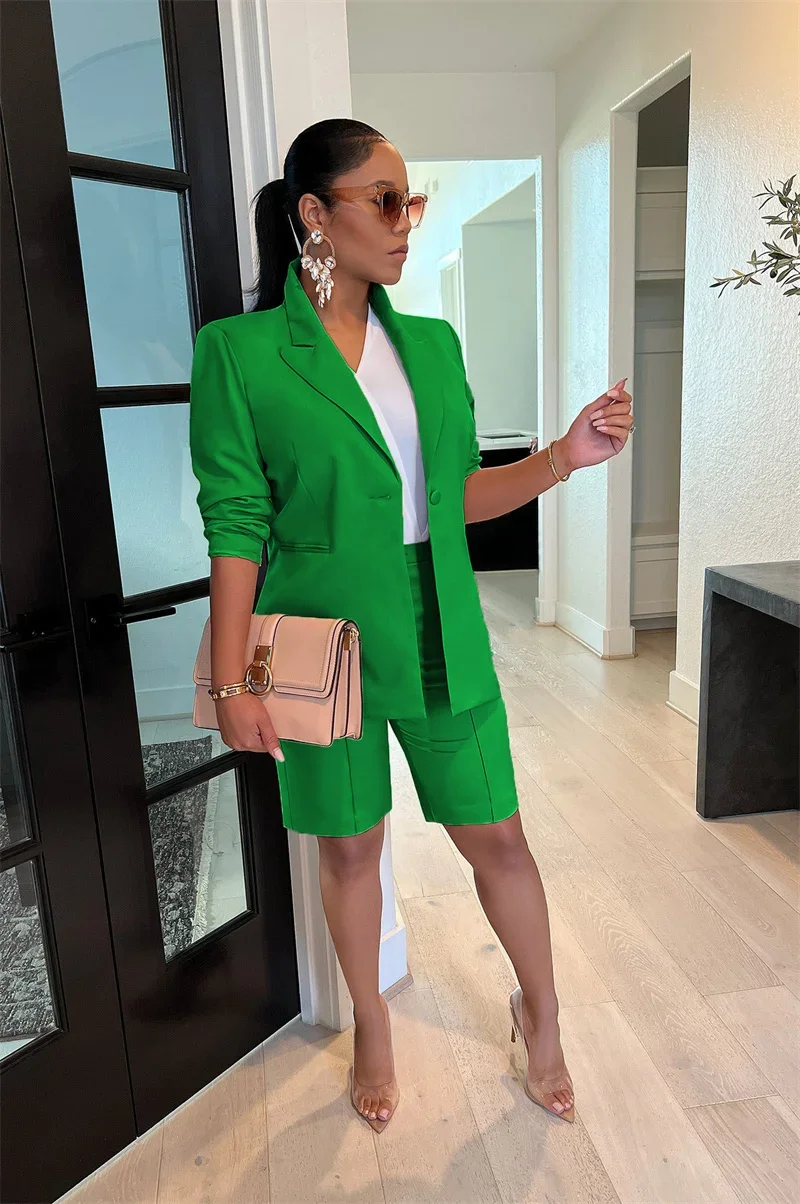 Solid Casual Two Piece Set for Women Matching Sets Outfits Long Sleeve Blazer Coat and Shorts Office Lady Elegant Business Suits