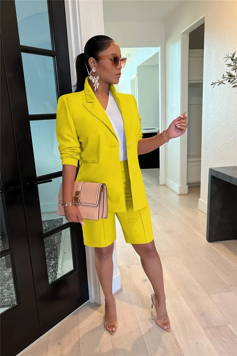 Solid Casual Two Piece Set for Women Matching Sets Outfits Long Sleeve Blazer Coat and Shorts Office Lady Elegant Business Suits