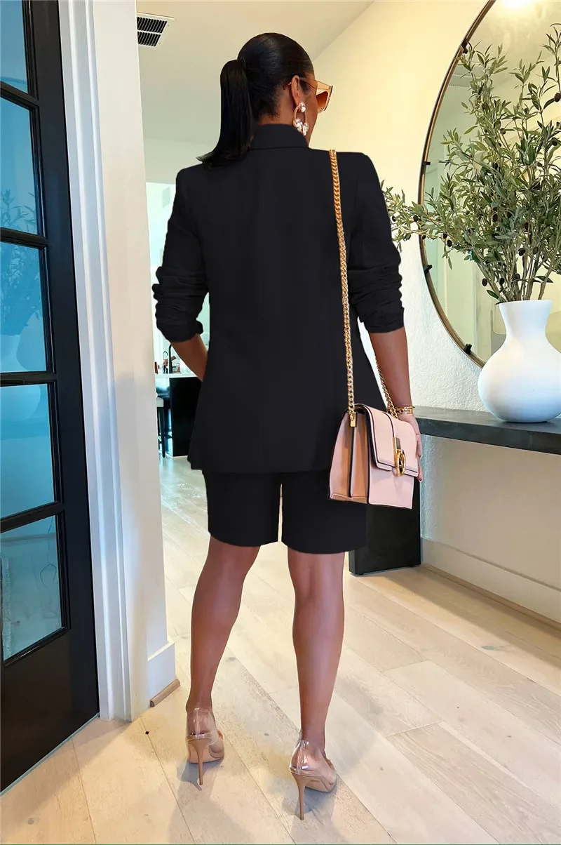 Solid Casual Two Piece Set for Women Matching Sets Outfits Long Sleeve Blazer Coat and Shorts Office Lady Elegant Business Suits