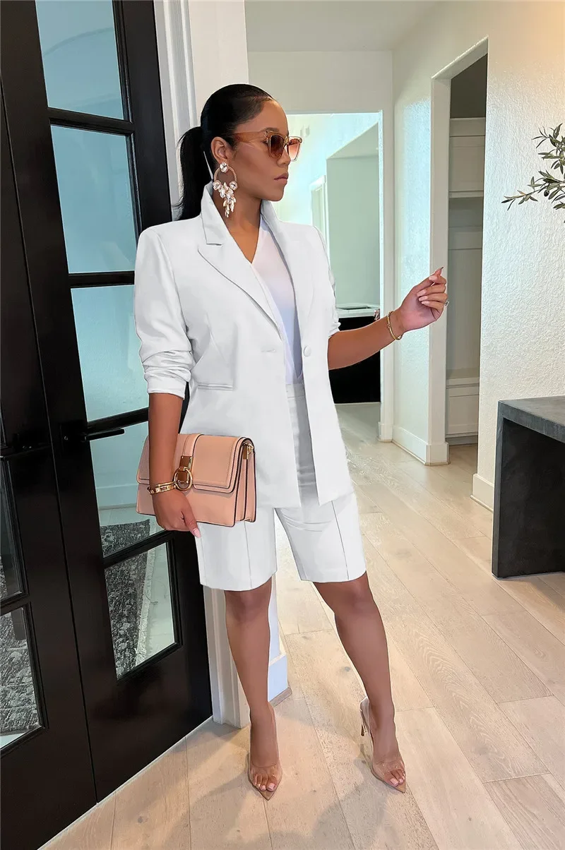 Solid Casual Two Piece Set for Women Matching Sets Outfits Long Sleeve Blazer Coat and Shorts Office Lady Elegant Business Suits