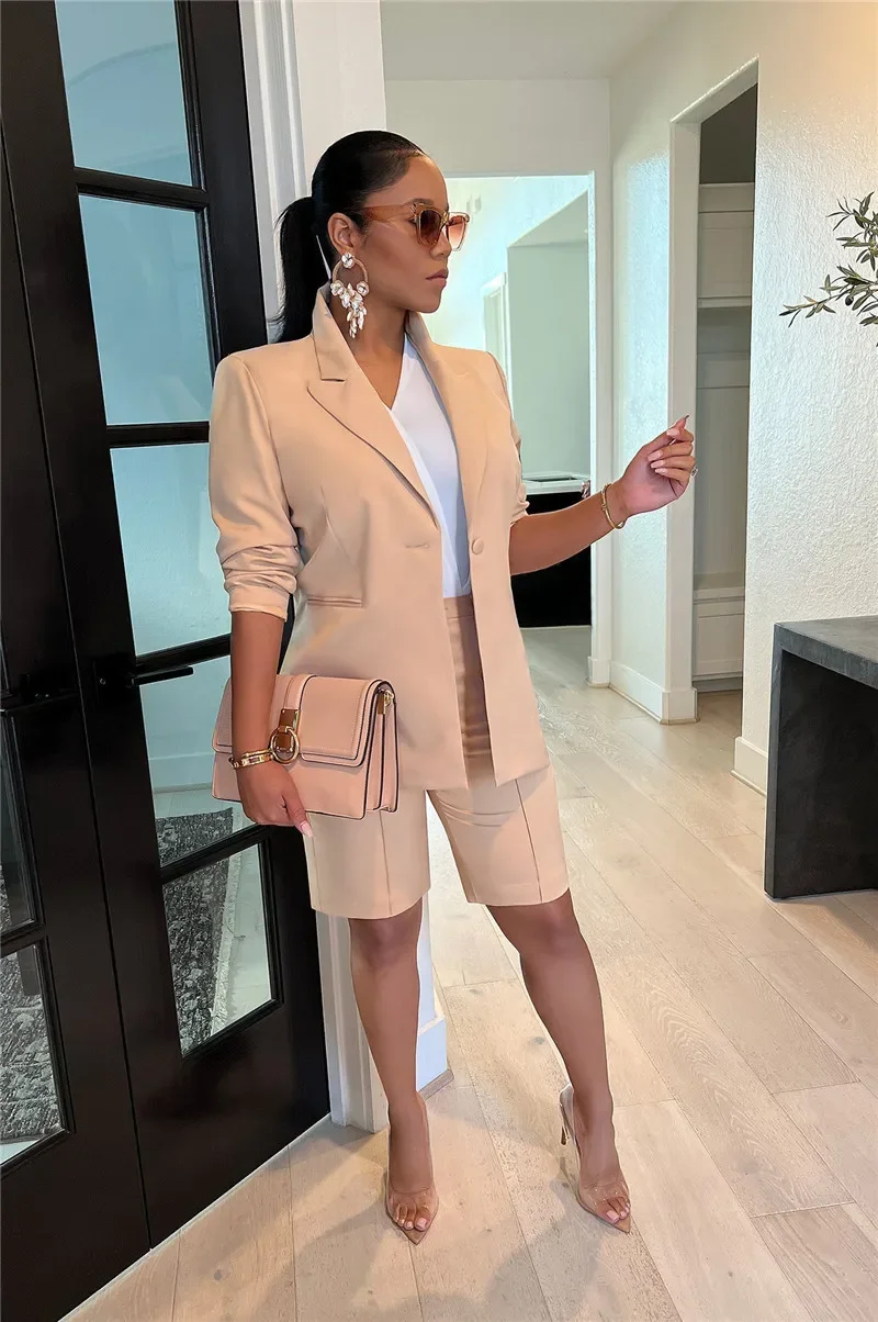 Solid Casual Two Piece Set for Women Matching Sets Outfits Long Sleeve Blazer Coat and Shorts Office Lady Elegant Business Suits