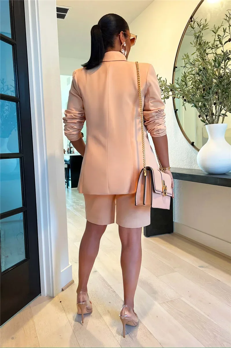 Solid Casual Two Piece Set for Women Matching Sets Outfits Long Sleeve Blazer Coat and Shorts Office Lady Elegant Business Suits