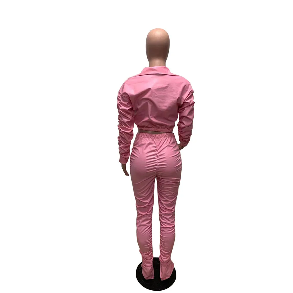 Sexy PU Faux Leather Two Piece Set for Women Birthday Night Club Outfits Crop Top and Slit Stacked Pants Matching Sets Undefined