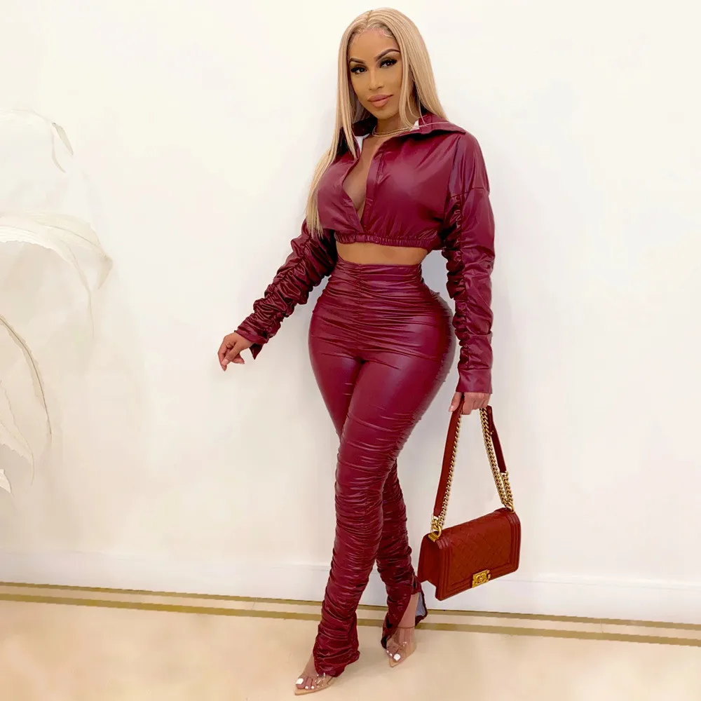 Sexy PU Faux Leather Two Piece Set for Women Birthday Night Club Outfits Crop Top and Slit Stacked Pants Matching Sets Undefined