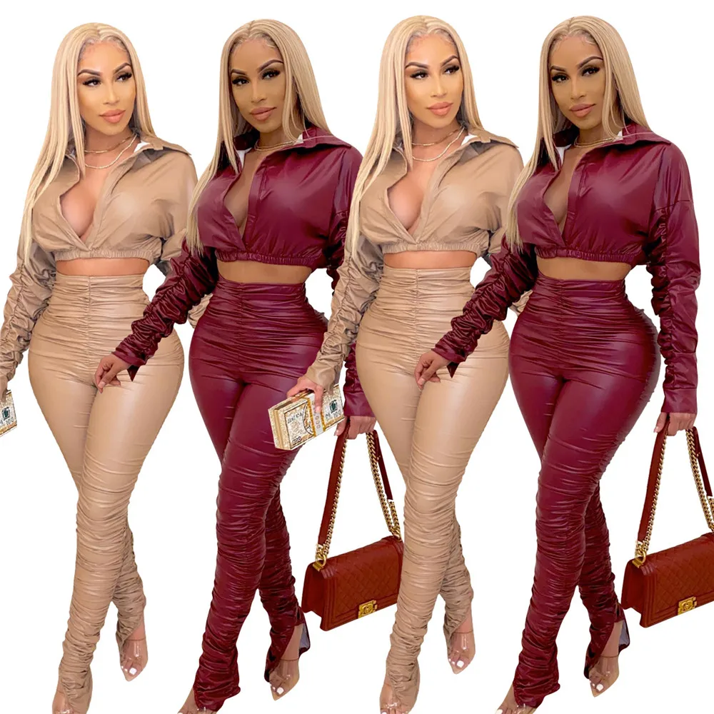 Sexy PU Faux Leather Two Piece Set for Women Birthday Night Club Outfits Crop Top and Slit Stacked Pants Matching Sets Undefined