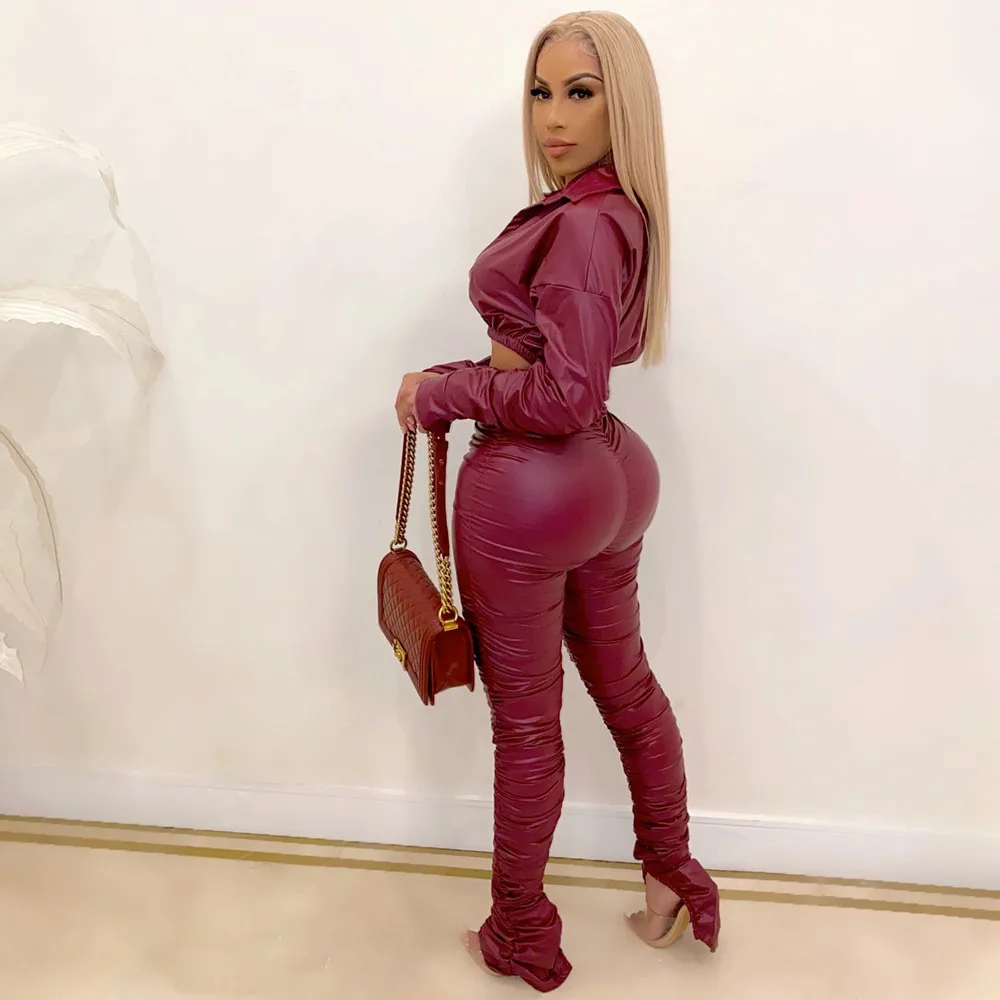 Sexy PU Faux Leather Two Piece Set for Women Birthday Night Club Outfits Crop Top and Slit Stacked Pants Matching Sets Undefined