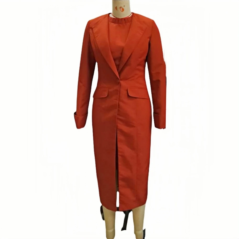 HLJ High Quality Elegant Office Lady Blazer Two Piece Sets Women Lapel Long Sleeve Coat And Slim Dress Outfit Female Clothing