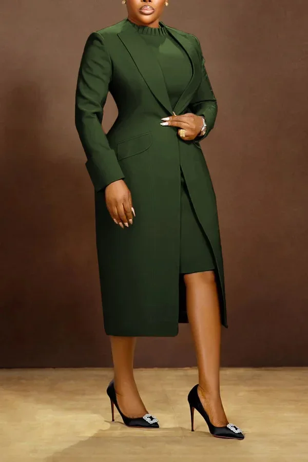 HLJ High Quality Elegant Office Lady Blazer Two Piece Sets Women Lapel Long Sleeve Coat And Slim Dress Outfit Female Clothing