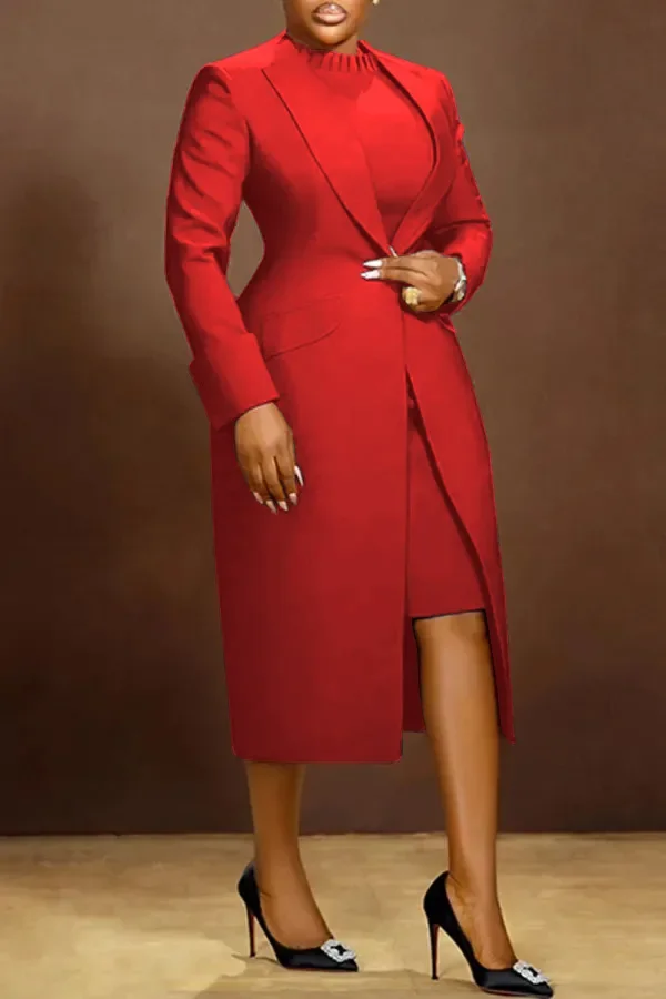 HLJ High Quality Elegant Office Lady Blazer Two Piece Sets Women Lapel Long Sleeve Coat And Slim Dress Outfit Female Clothing