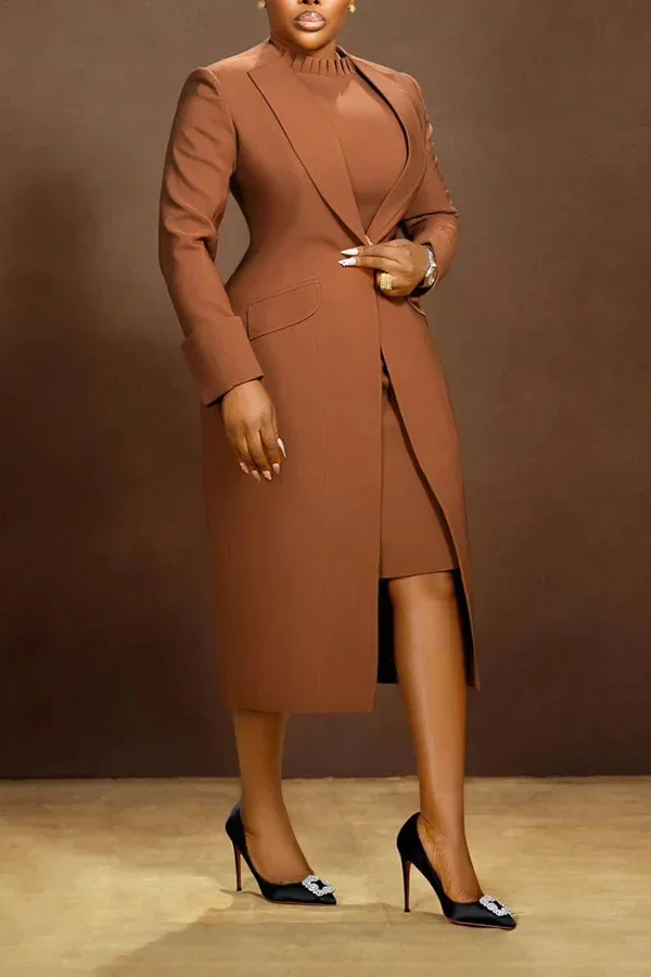 HLJ High Quality Elegant Office Lady Blazer Two Piece Sets Women Lapel Long Sleeve Coat And Slim Dress Outfit Female Clothing