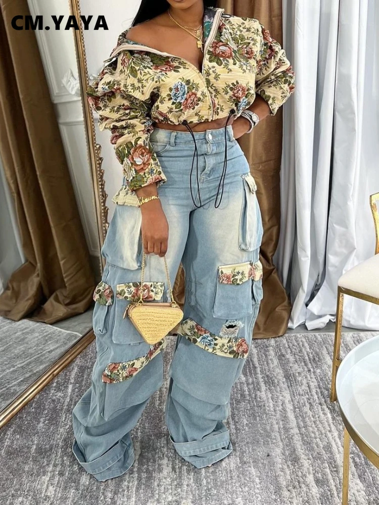 CM.YAYA Washed Denim Women's Set Full Sleeve Floral Jacket and Pockets Cargo Jeans Pants Suit 2024 Street Two 2 Piece Set Outfit CM.YAYA Washed Denim Women's Set Full Sleeve Floral Jacket and Pockets Cargo Jeans Pants Suit 2024 Street Two 2 Piece Set Outfit