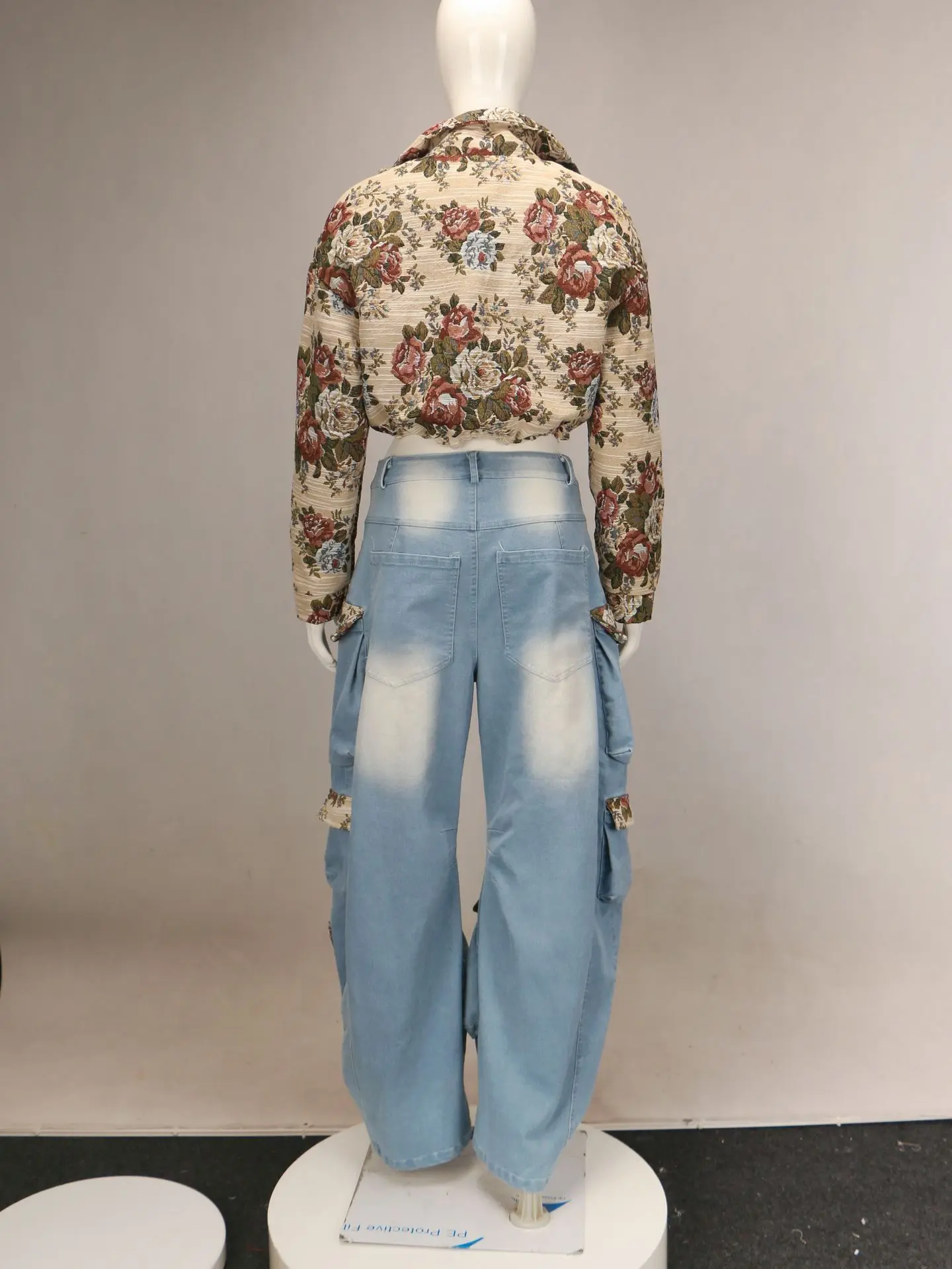CM.YAYA Washed Denim Women's Set Full Sleeve Floral Jacket and Pockets Cargo Jeans Pants Suit 2024 Street Two 2 Piece Set Outfit CM.YAYA Washed Denim Women's Set Full Sleeve Floral Jacket and Pockets Cargo Jeans Pants Suit 2024 Street Two 2 Piece Set Outfit