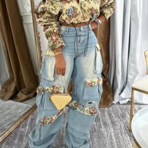 CM.YAYA Washed Denim Women's Set Full Sleeve Floral Jacket and Pockets Cargo Jeans Pants Suit 2024 Street Two 2 Piece Set Outfit