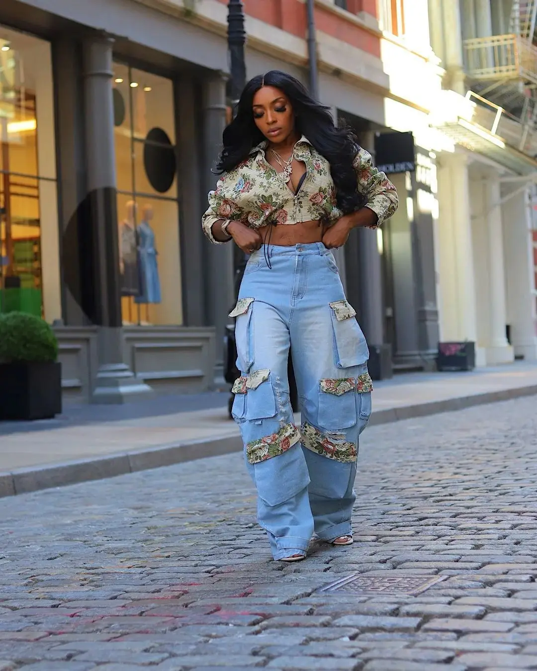 CM.YAYA Washed Denim Women's Set Full Sleeve Floral Jacket and Pockets Cargo Jeans Pants Suit 2024 Street Two 2 Piece Set Outfit