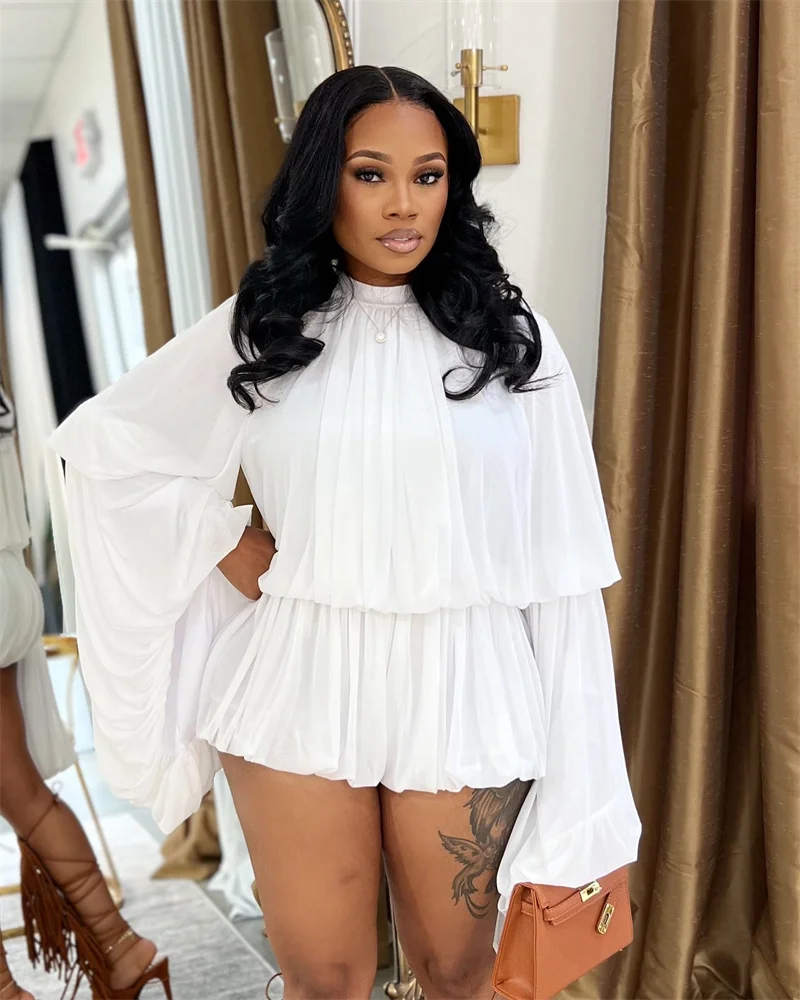 Doyerl Pleated Ruffles 2 Piece Set Woman Y2K Rave Clothing Festival Long Flare Sleeve Top and Short New in Matching Sets Outfits