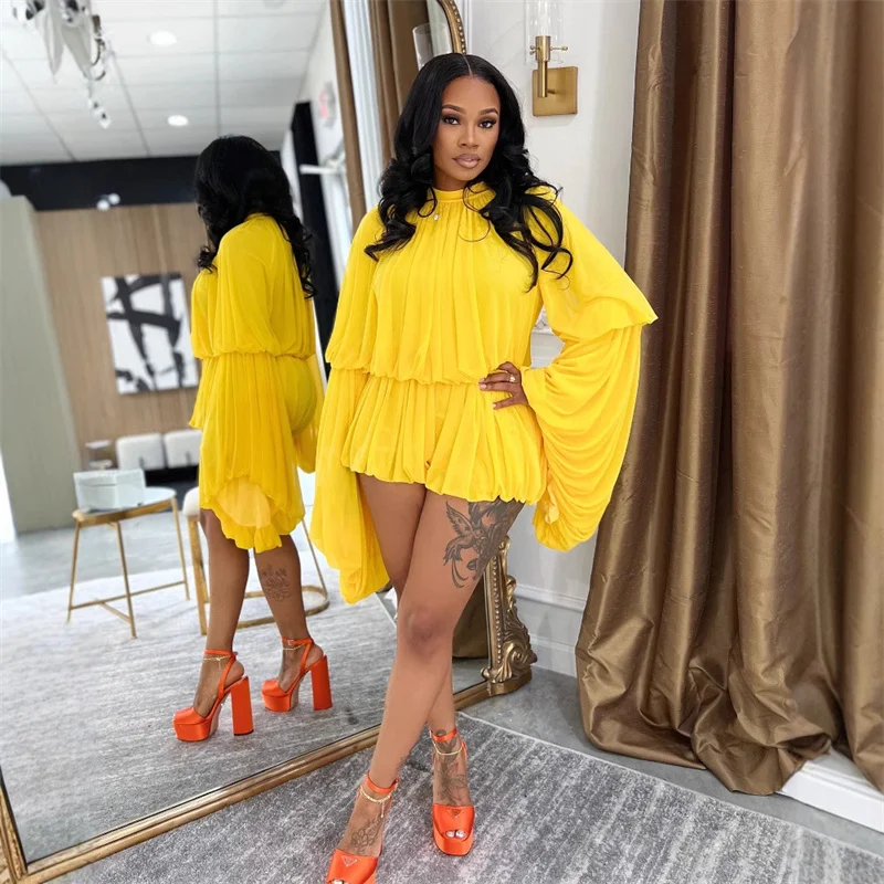 Doyerl Pleated Ruffles 2 Piece Set Woman Y2K Rave Clothing Festival Long Flare Sleeve Top and Short New in Matching Sets Outfits