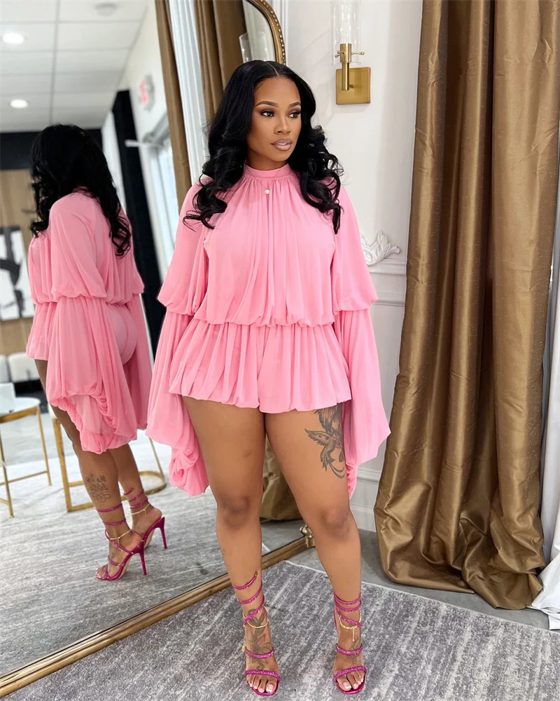 Doyerl Pleated Ruffles 2 Piece Set Woman Y2K Rave Clothing Festival Long Flare Sleeve Top and Short New in Matching Sets Outfits