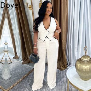 Doyerl Vintage Elegant 2 Piece Sets Woman Outfit Workwear Patchwork Double-breasted Vest Top and Wide Leg Pants Matching Sets