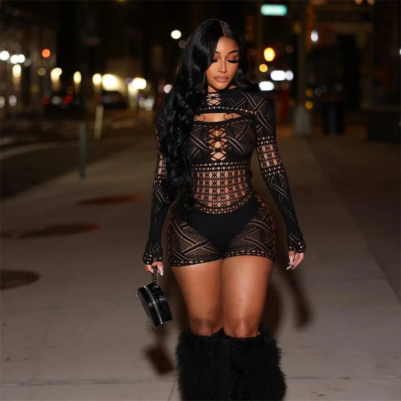 Sexy See Through Mesh Playsuit Women Rompers Long Sleeve Hollow Out Skinny Night Club Outfit One Pieces Jumpsuit Shorts Bodysuit