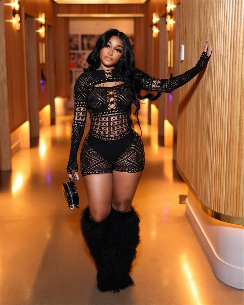 Sexy See Through Mesh Playsuit Women Rompers Long Sleeve Hollow Out Skinny Night Club Outfit One Pieces Jumpsuit Shorts Bodysuit