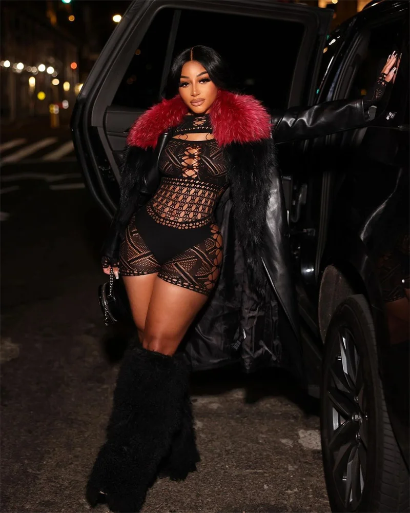 Sexy See Through Mesh Playsuit Women Rompers Long Sleeve Hollow Out Skinny Night Club Outfit One Pieces Jumpsuit Shorts Bodysuit