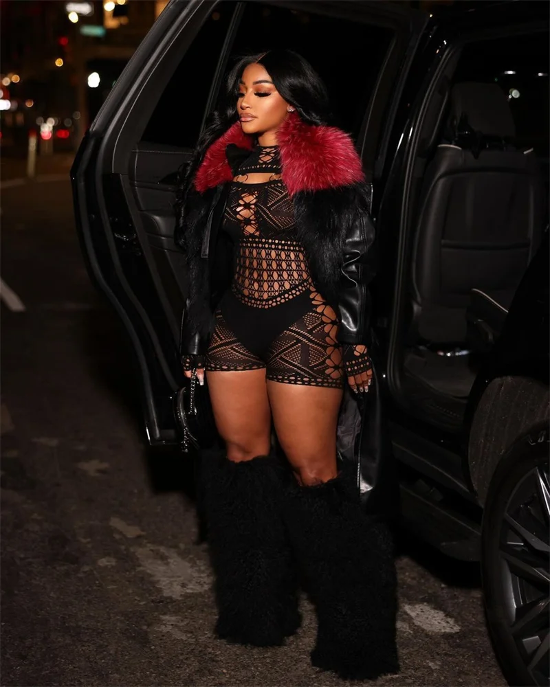 Sexy See Through Mesh Playsuit Women Rompers Long Sleeve Hollow Out Skinny Night Club Outfit One Pieces Jumpsuit Shorts Bodysuit