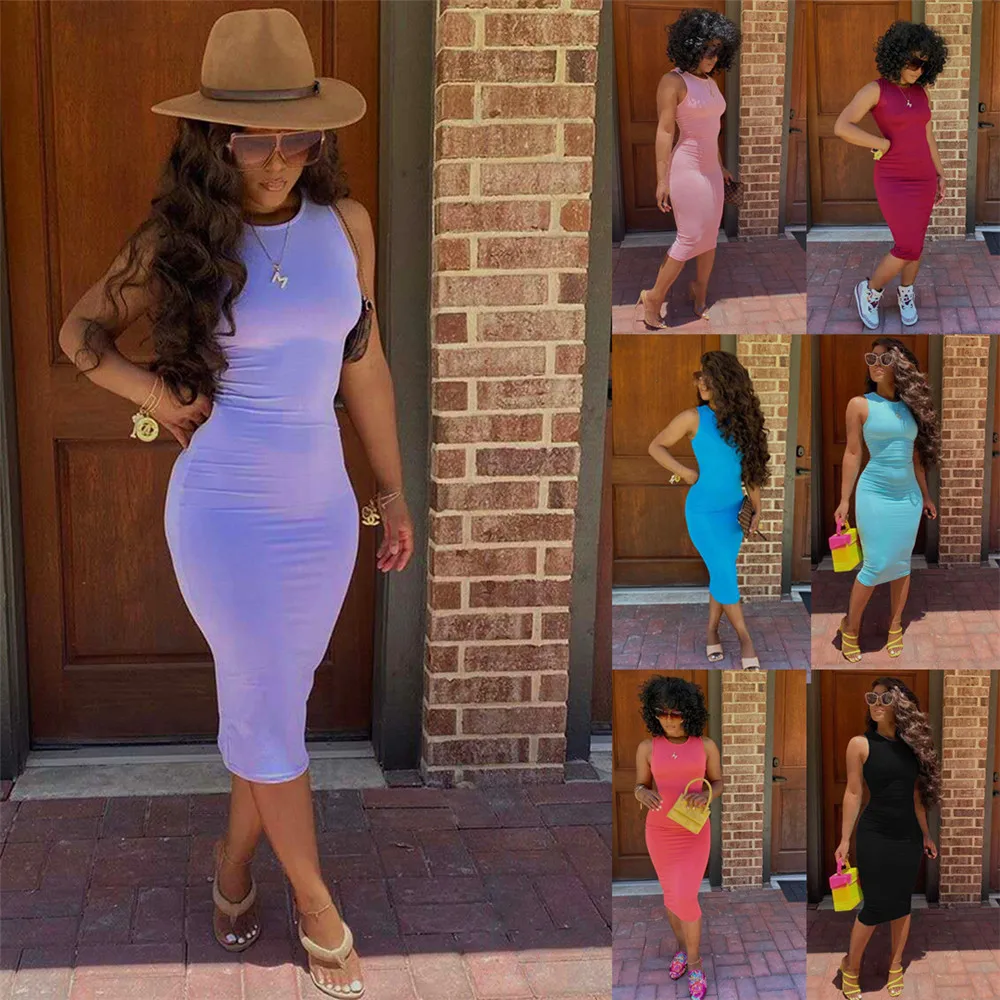 Sexy Solid Knee-length Bodycon Dress Summer Women O-neck Sleeveless Sheath Clubwear Basic Midi Pencil Dress Sundress Robe Femme