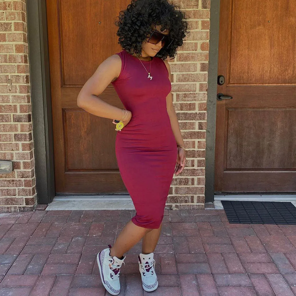 Sexy Solid Knee-length Bodycon Dress Summer Women O-neck Sleeveless Sheath Clubwear Basic Midi Pencil Dress Sundress Robe Femme