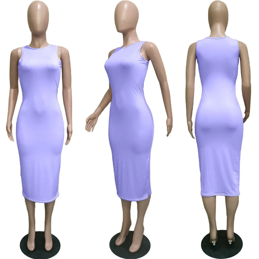 Sexy Solid Knee-length Bodycon Dress Summer Women O-neck Sleeveless Sheath Clubwear Basic Midi Pencil Dress Sundress Robe Femme