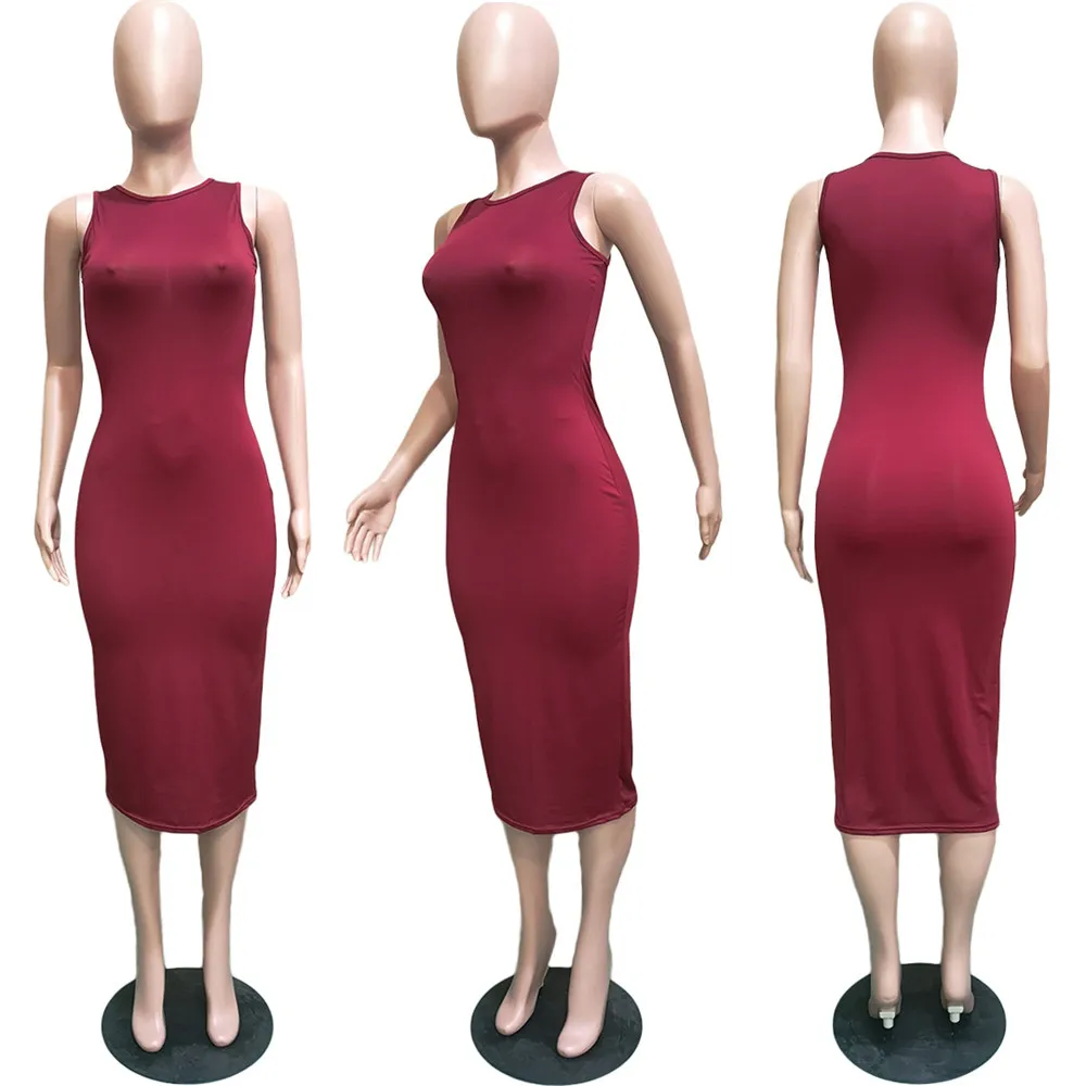 Sexy Solid Knee-length Bodycon Dress Summer Women O-neck Sleeveless Sheath Clubwear Basic Midi Pencil Dress Sundress Robe Femme