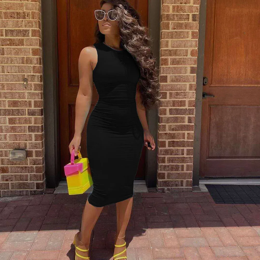 Sexy Solid Knee-length Bodycon Dress Summer Women O-neck Sleeveless Sheath Clubwear Basic Midi Pencil Dress Sundress Robe Femme