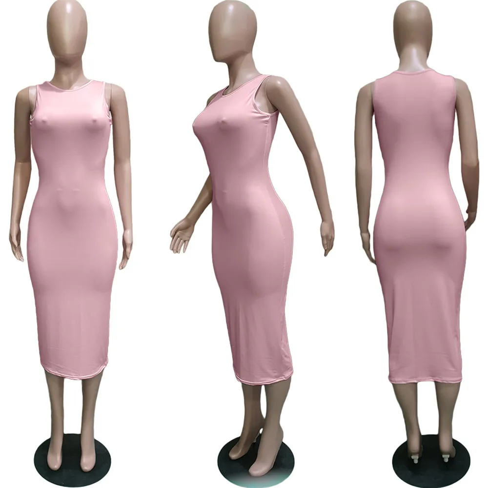 Sexy Solid Knee-length Bodycon Dress Summer Women O-neck Sleeveless Sheath Clubwear Basic Midi Pencil Dress Sundress Robe Femme