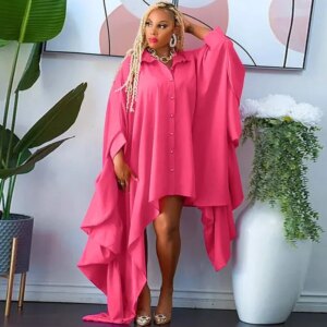 Spring Autumn Batwing Sleeve Shirt Dress Women Turn-down Collar Button Up Irregular Oversized Dresses Tunics Loose Casual Dress