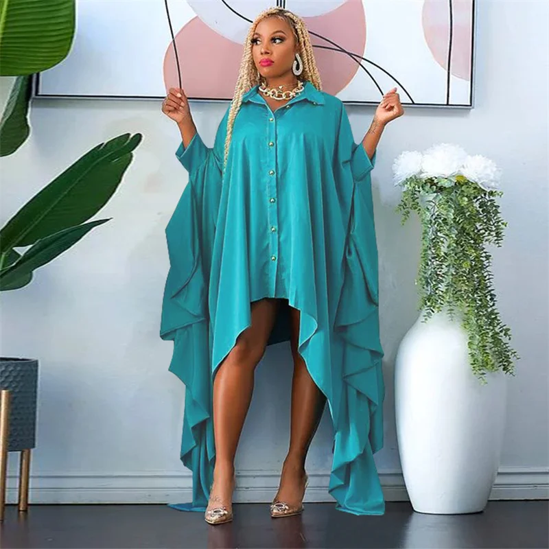 Spring Autumn Batwing Sleeve Shirt Dress Women Turn-down Collar Button Up Irregular Oversized Dresses Tunics Loose Casual Dress Spring Autumn Batwing Sleeve Shirt Dress Women Turn-down Collar Button Up Irregular Oversized Dresses Tunics Loose Casual Dress