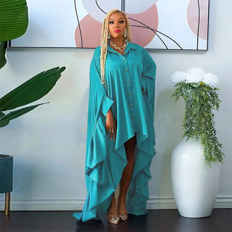 Spring Autumn Batwing Sleeve Shirt Dress Women Turn-down Collar Button Up Irregular Oversized Dresses Tunics Loose Casual Dress Spring Autumn Batwing Sleeve Shirt Dress Women Turn-down Collar Button Up Irregular Oversized Dresses Tunics Loose Casual Dress