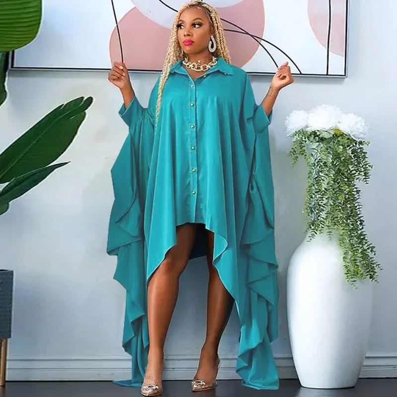 Spring Autumn Batwing Sleeve Shirt Dress Women Turn-down Collar Button Up Irregular Oversized Dresses Tunics Loose Casual Dress - Image 4