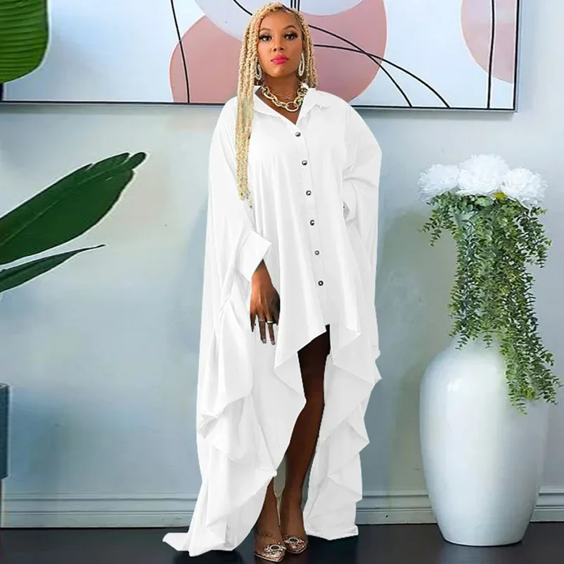 Spring Autumn Batwing Sleeve Shirt Dress Women Turn-down Collar Button Up Irregular Oversized Dresses Tunics Loose Casual Dress - Image 6