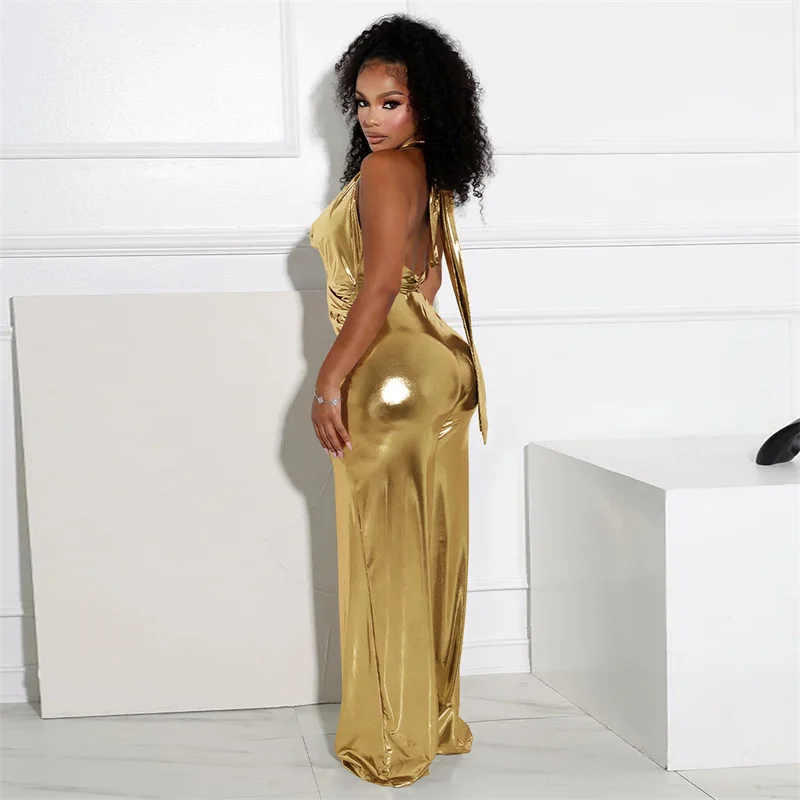 Deyorl Halter Deep V-neck Metallic Overall Woman Jumpsuit Backless Sleeveless Ruched Night Club Romper One Piece Birthday Outfit