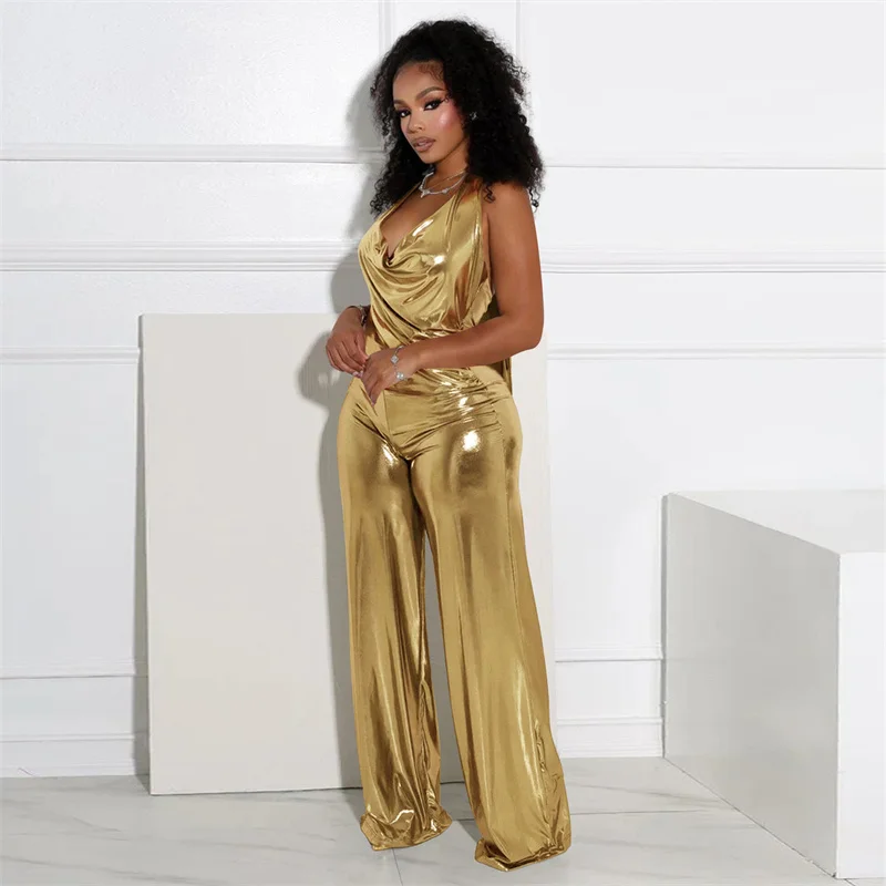 Deyorl Halter Deep V-neck Metallic Overall Woman Jumpsuit Backless Sleeveless Ruched Night Club Romper One Piece Birthday Outfit
