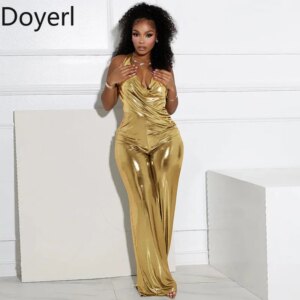 Deyorl Halter Deep V-neck Metallic Overall Woman Jumpsuit Backless Sleeveless Ruched Night Club Romper One Piece Birthday Outfit