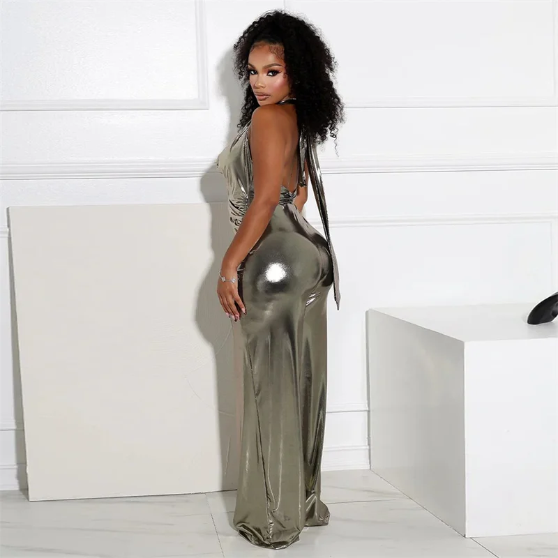 Deyorl Halter Deep V-neck Metallic Overall Woman Jumpsuit Backless Sleeveless Ruched Night Club Romper One Piece Birthday Outfit