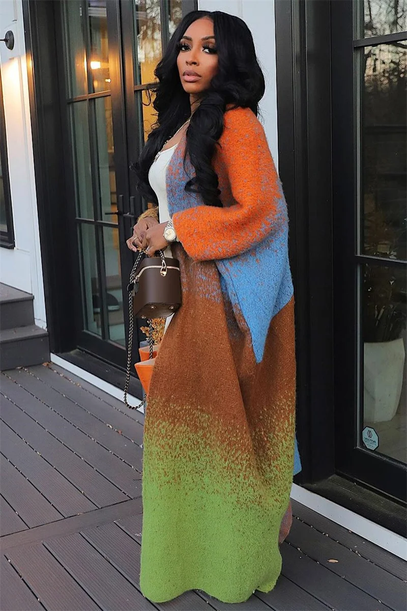 Autumn Winter Knitted Sweater Cardigan Cloak Cape Women Outerwears Gradient Loose Fit Straight Batwing Sleeve Gothic Coats Chic