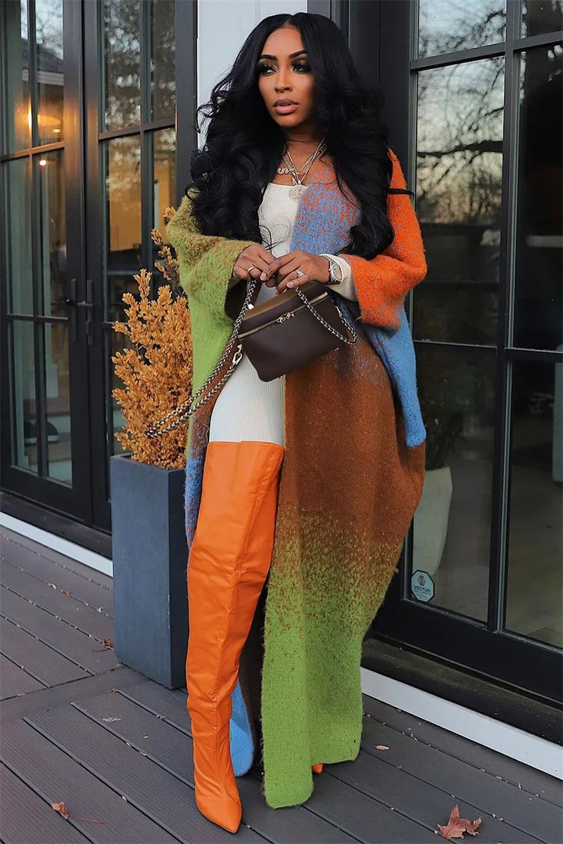 Autumn Winter Knitted Sweater Cardigan Cloak Cape Women Outerwears Gradient Loose Fit Straight Batwing Sleeve Gothic Coats Chic