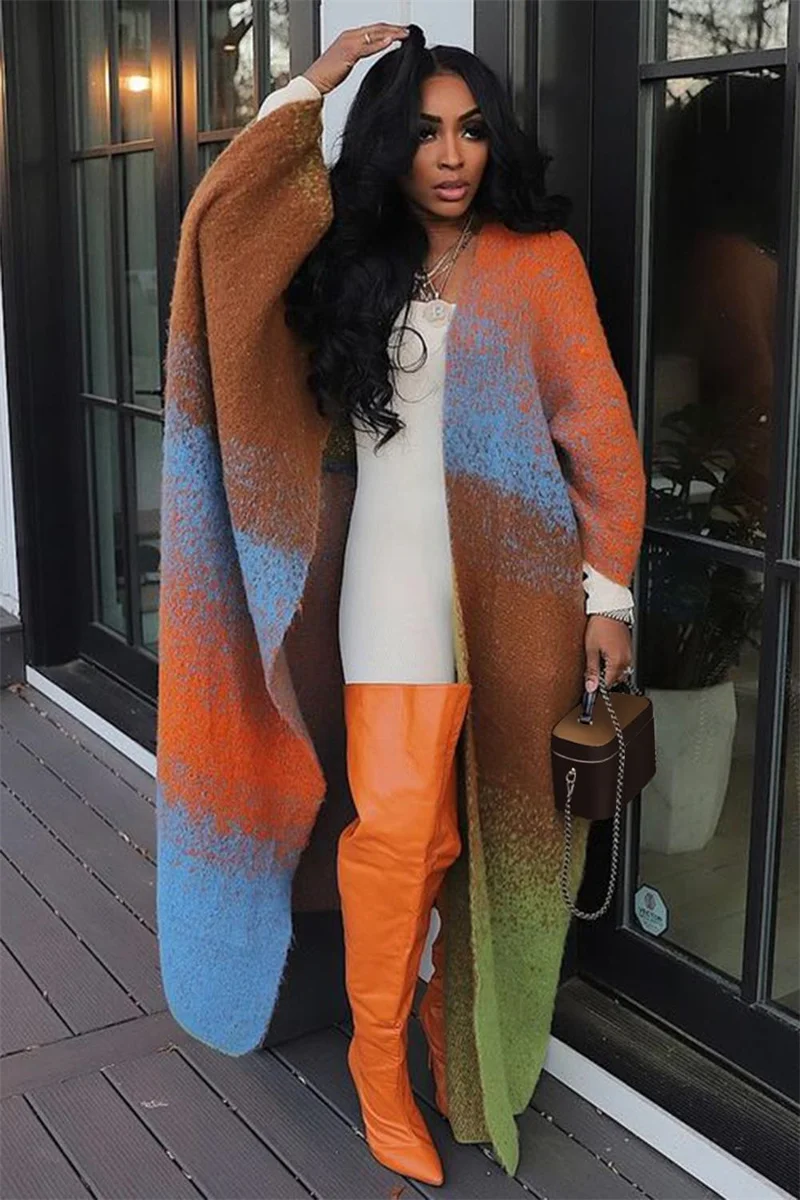 Autumn Winter Knitted Sweater Cardigan Cloak Cape Women Outerwears Gradient Loose Fit Straight Batwing Sleeve Gothic Coats Chic