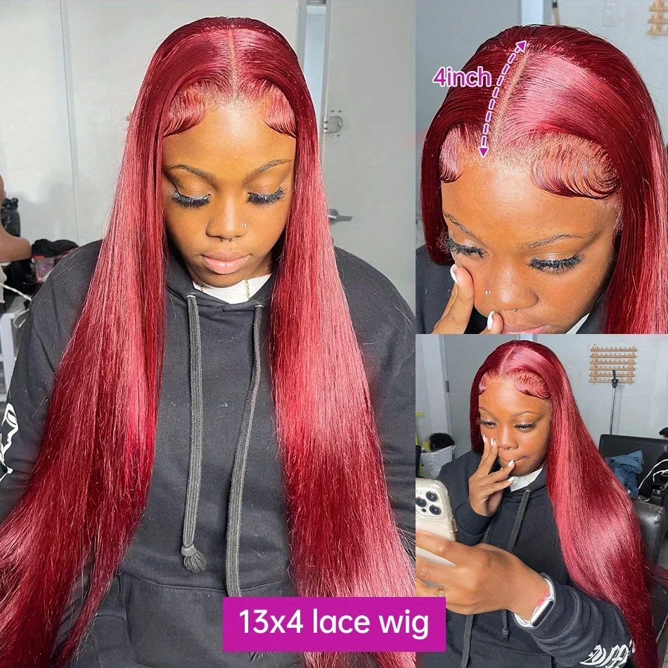 99J Colored Lace Front Human Hair Wigs Straight Burgundy 13x4 HD Transparent Full Lace Frontal Wig Red Glueless Wigs For Women - Image 4