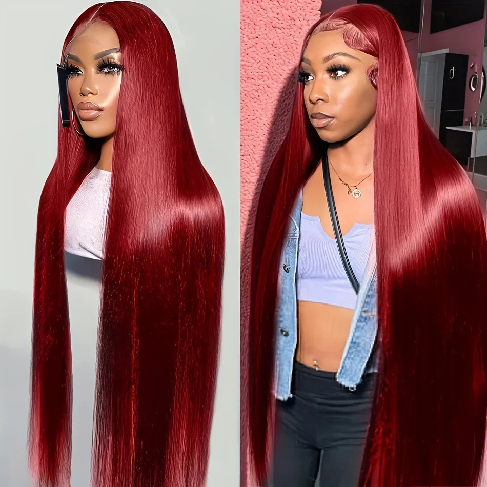 99J Colored Lace Front Human Hair Wigs Straight Burgundy 13x4 HD Transparent Full Lace Frontal Wig Red Glueless Wigs For Women - Image 3