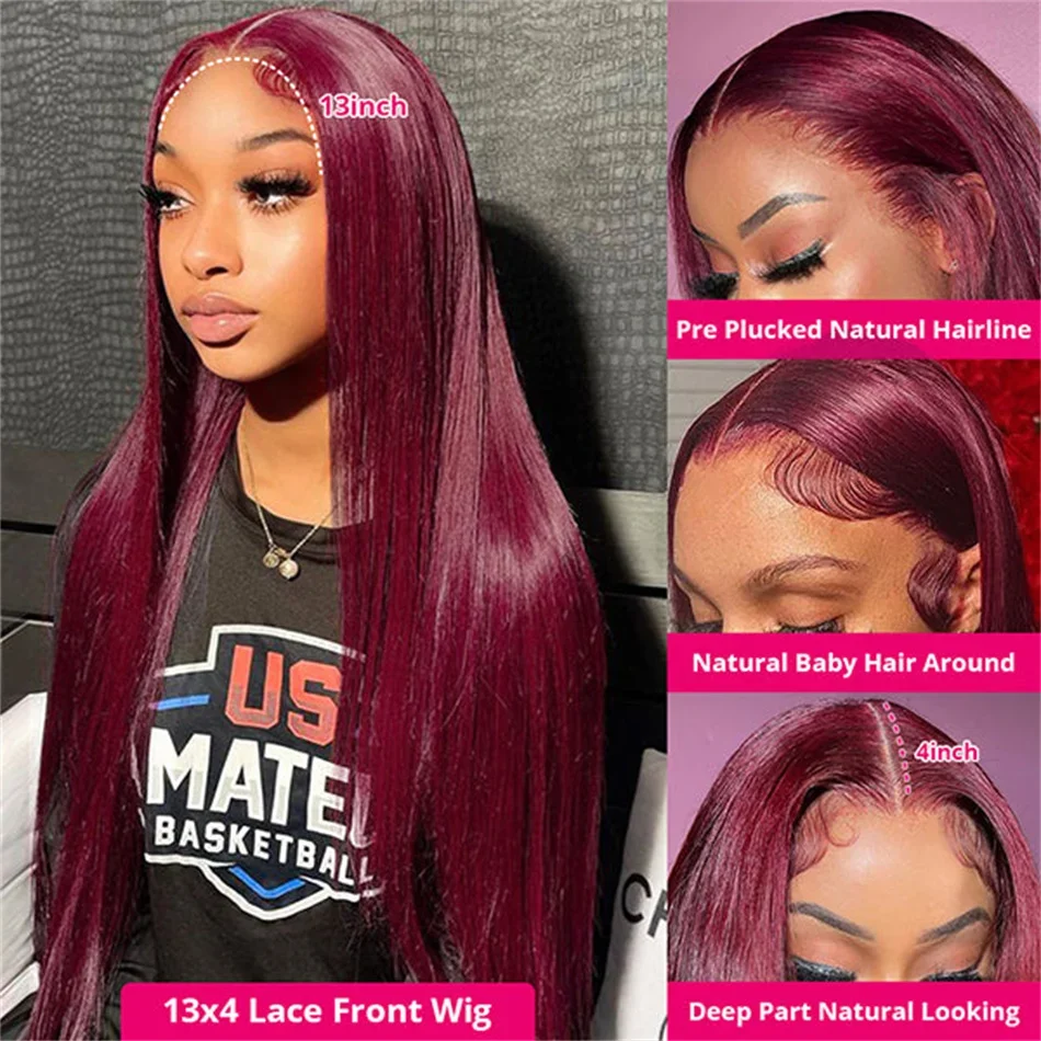 99J Colored Lace Front Human Hair Wigs Straight Burgundy 13x4 HD Transparent Full Lace Frontal Wig Red Glueless Wigs For Women 99J Colored Lace Front Human Hair Wigs Straight Burgundy 13x4 HD Transparent Full Lace Frontal Wig Red Glueless Wigs For Women
