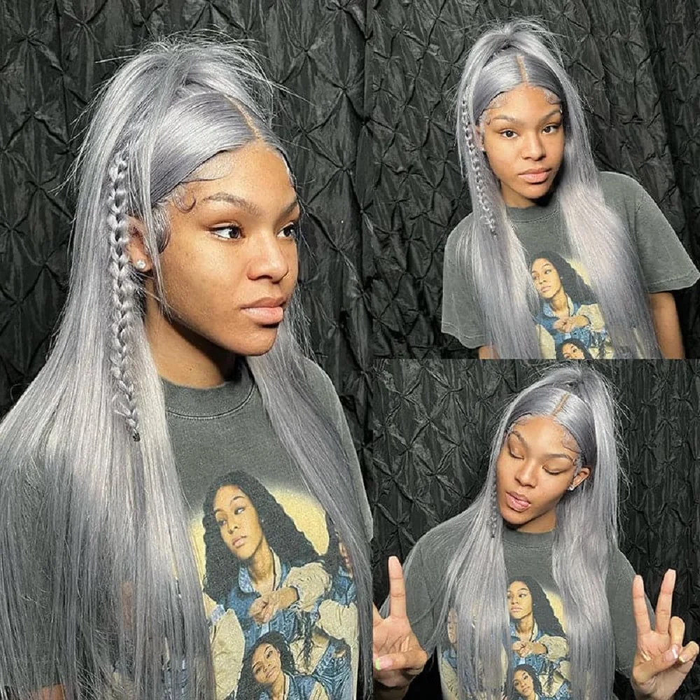 Silver Grey Straight Wigs Human Hair Vietnamese 220% Density 13x6 HD Lace Frontal Colored Wig 38 Pre Plucked With Baby Hairline Silver Grey Straight Wigs Human Hair Vietnamese 220% Density 13x6 HD Lace Frontal Colored Wig 38 Pre Plucked With Baby Hairline